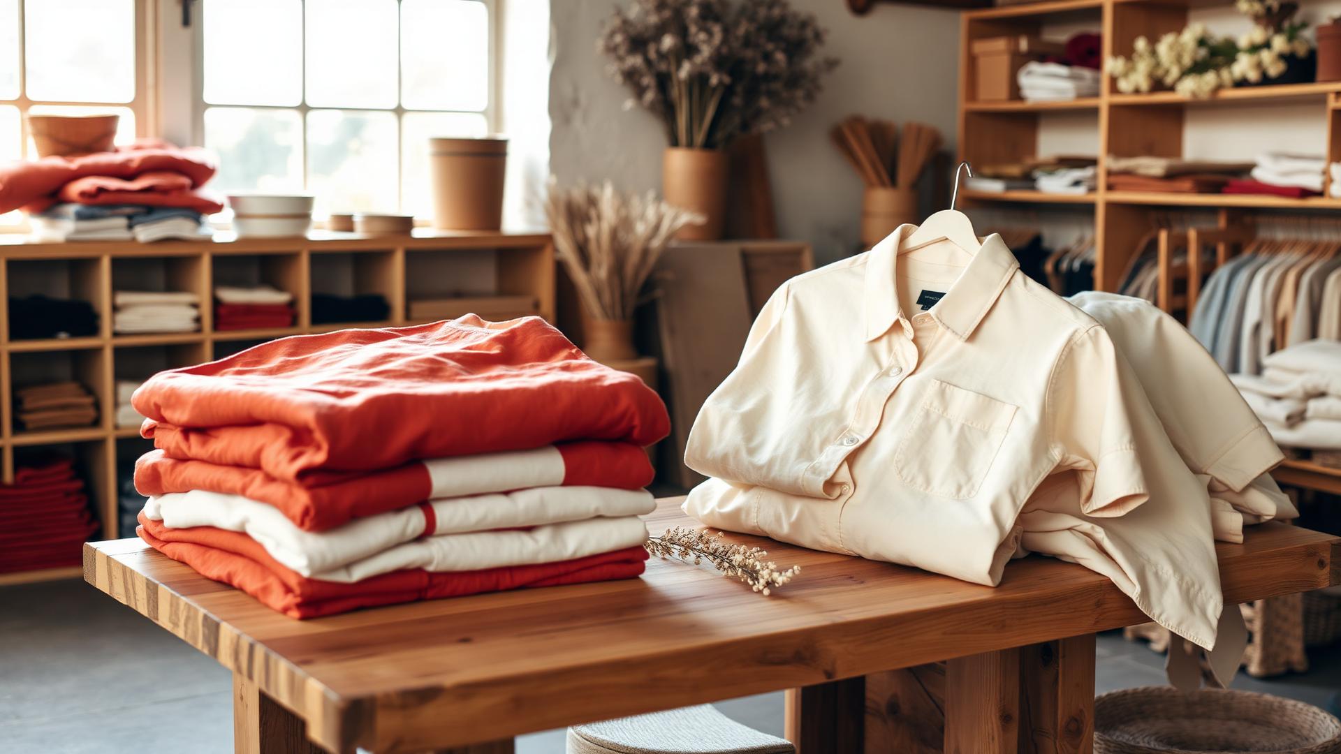 Aurora Bean studio work table with folded printed apparel
